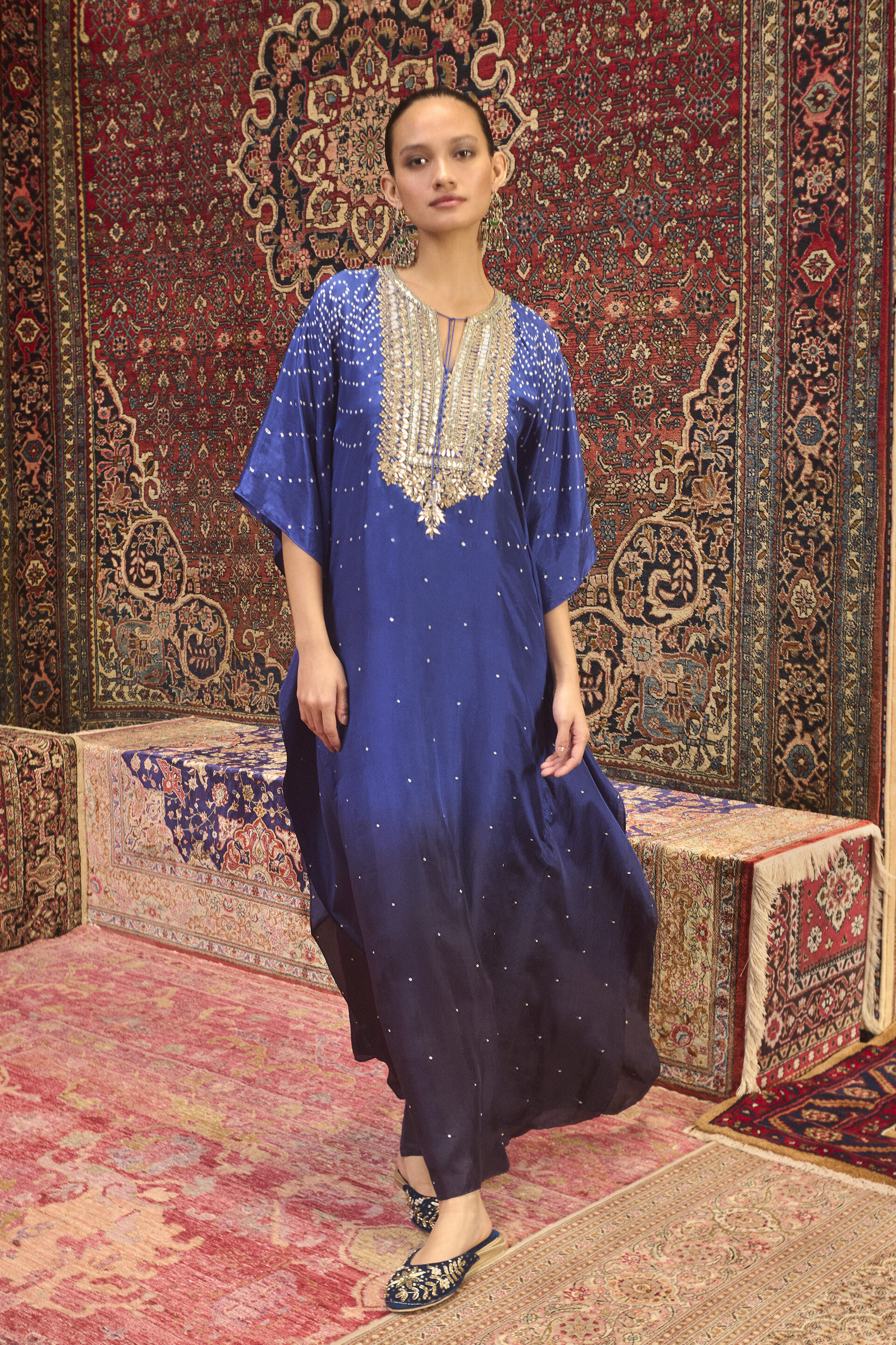 Mohar Handcrafted Bandhani Silk Kaftan - Blue